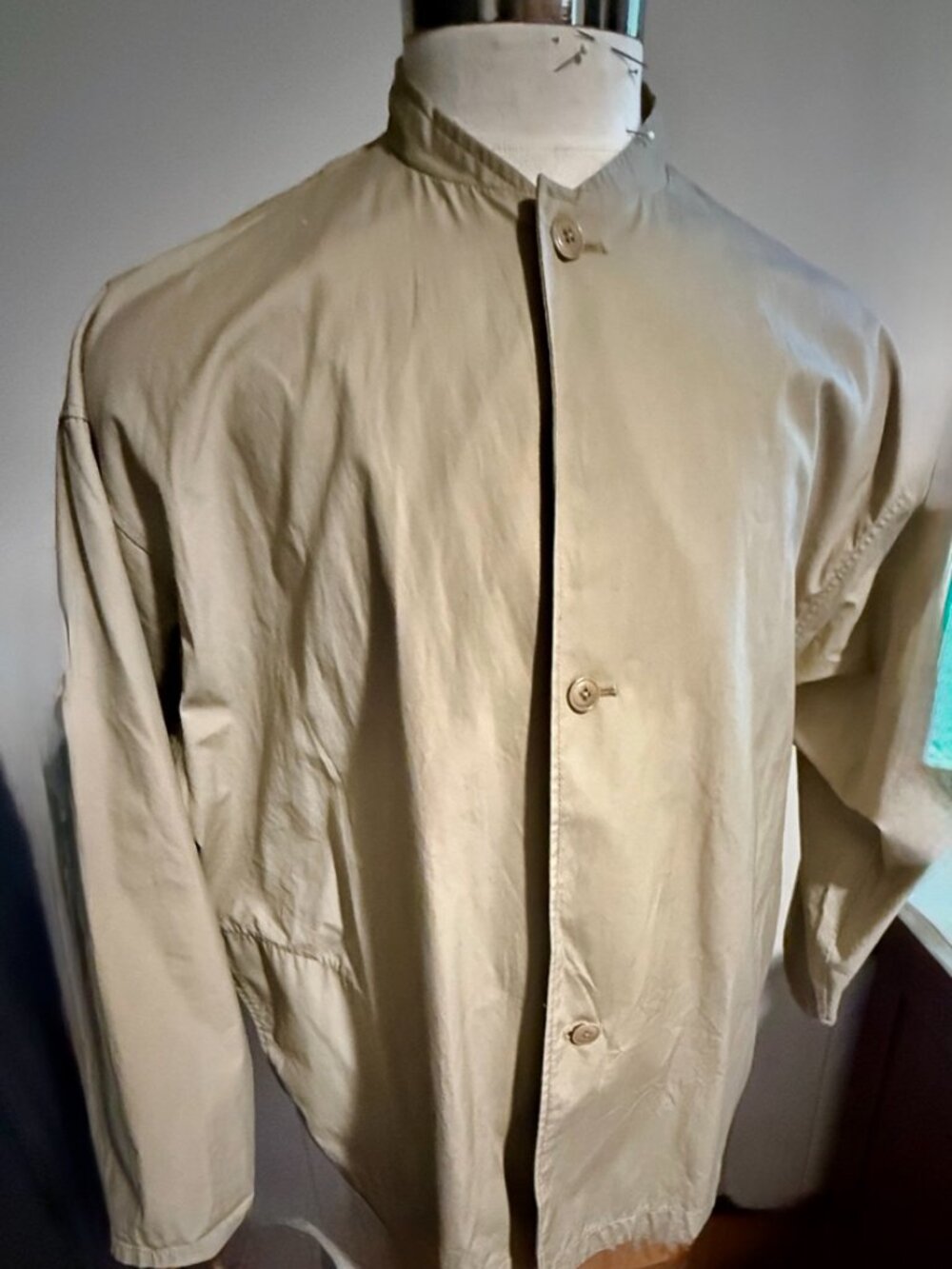 MUJI Men's Small Beige Stand Collar Lightweight Jacket Minimalist Hidden Button - Picture 2 of 4